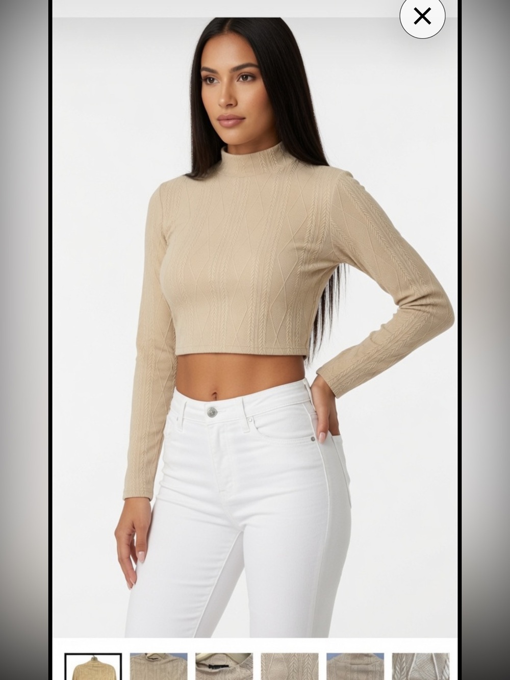 Beige Crop Top Long Sleeve Fitted Cropped Boho Trendy Junior Large